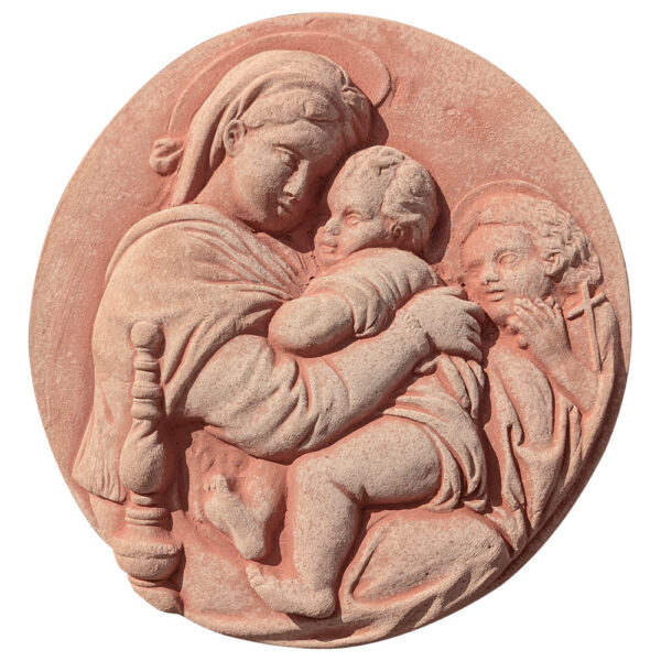 Pannello in terracotta Madonna della Seggiola, replica dell'opera di Raffaello Sanzio, perfetto per celebrare il Giubileo con un simbolo di fede e arte.