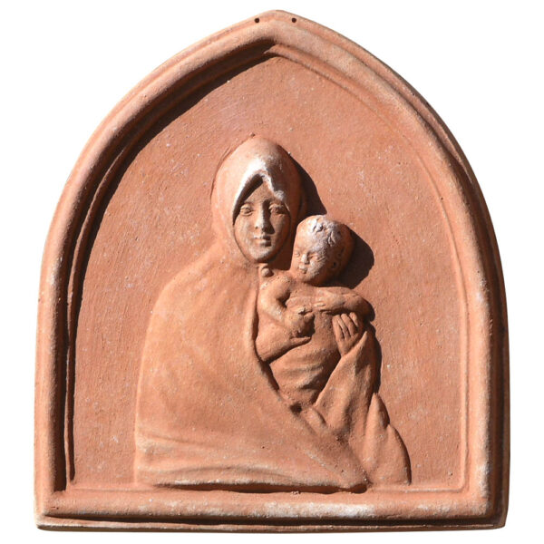 Handcrafted terracotta Cloaked Virgin Mary bas-relief. Refinement and spirituality. With the child protected in her mantle, it symbolizes protection and serenity.