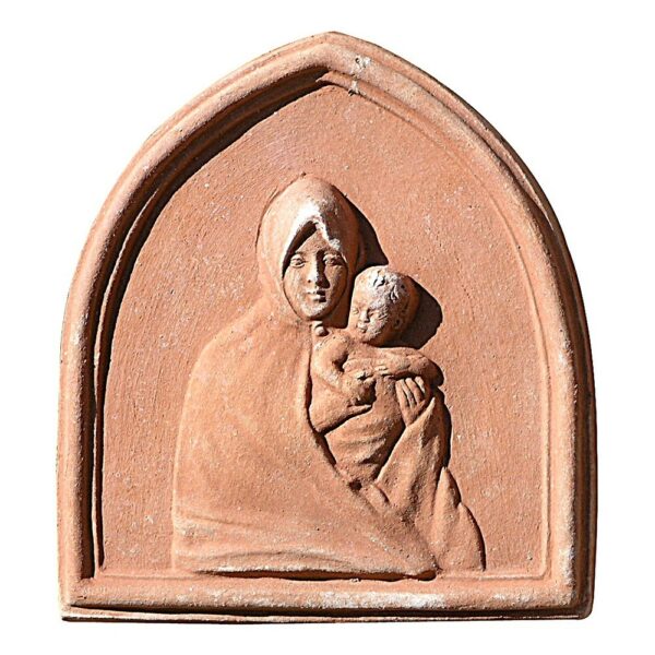 Madonna decorative panel in the mantle, provided with hanging holes. Modeling made in high relief. Handmade, frost resistant.