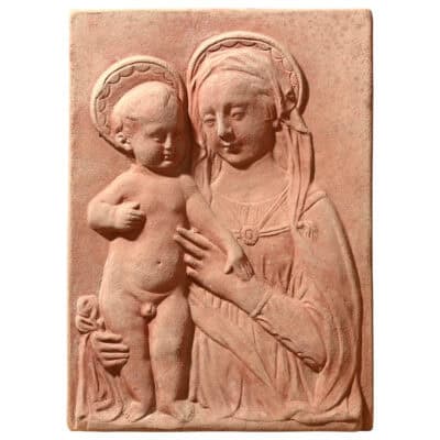 Vergine col Bambino di Desiderio da Settignano, raffinato pannello in terracotta. Regalo per cresime e comunioni, anno del Giubileo.