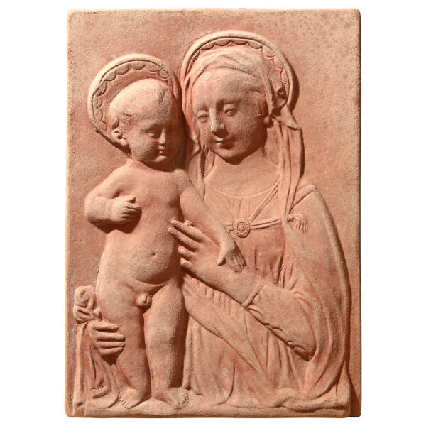 The Virgin Mary by Desiderio da Settignano is a refined terracotta panel depicting the Madonna with Child, capturing the essence of Renaissance art and spirituality.