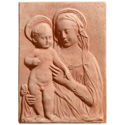 The Virgin Mary by Desiderio da Settignano is a refined terracotta panel depicting the Madonna with Child, capturing the essence of Renaissance art and spirituality.