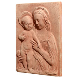 The Virgin Mary by Desiderio da Settignano is a refined terracotta panel depicting the Madonna with Child, capturing the essence of Renaissance art and spirituality.