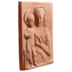 The Virgin Mary by Desiderio da Settignano is a refined terracotta panel depicting the Madonna with Child, capturing the essence of Renaissance art and spirituality.