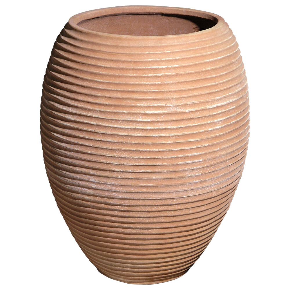 Large size jar for decoration or planting directly. Ribbed vase for classic or modern gardens. Terracotta from Impruneta.