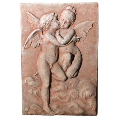 Terracotta wall panel relief inspired by "First kiss" by W. Bouguereau with winged figures
