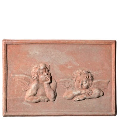 Rilievo in terracotta con due angeli ispirati a Raffaello Sanzio, pannello rettangolare decorativo