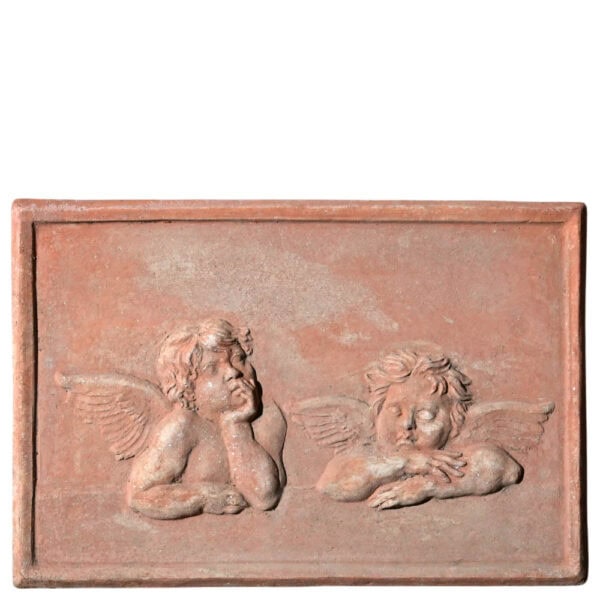 Rilievo in terracotta con due angeli ispirati a Raffaello Sanzio, pannello rettangolare decorativo