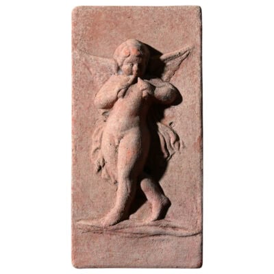 Terracotta relief panel with winged angel holding flutes, Renaissance-style decorative artwork
