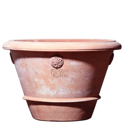 Vaso decorato per piante e fiori. vaso con rosette terracotta di Impruneta originale. Fatto a mano, resistente al gelo. Resistente, duraturo, ecologico.