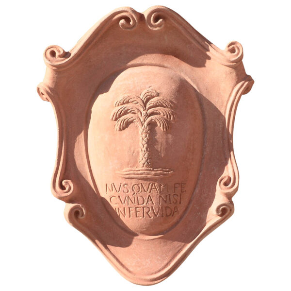 Decorative terracotta panel with a palm symbol, inspired by ancient academic seals. Handcrafted in Tuscany with a customizable cartouche for text or images.