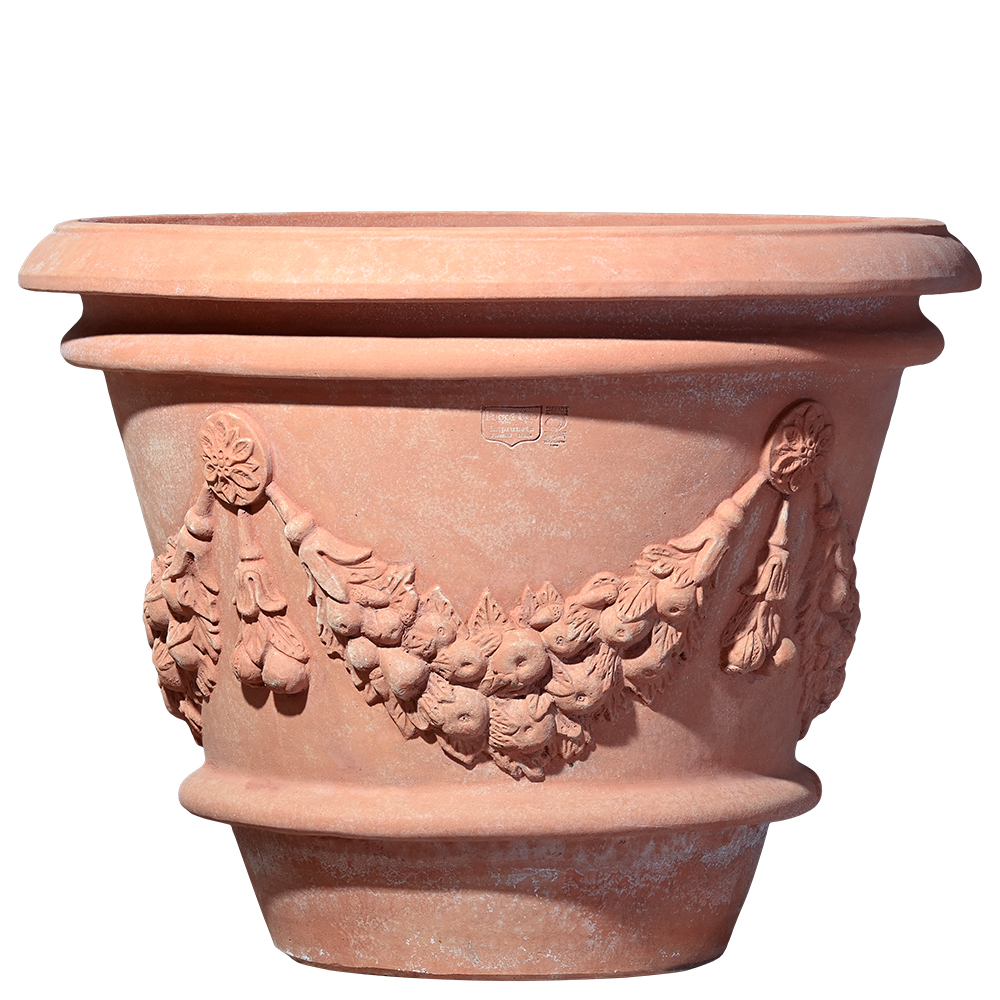 Decorated pot for plants. The relief decorations make it suitable for classic or historical environments and furnishings. Handmade, frost resistant.
