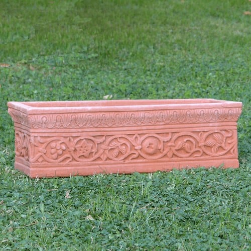 Byzantine flower box, decorated with spirals. Reliefs realized in the style of the classical historical period of the pot. Handmade, resistant to frost.