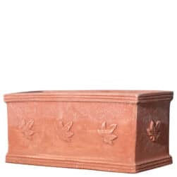 Rectangular terracotta planter box with three ivy leaves in relief on the front.