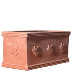 Rectangular terracotta planter box with three ivy leaves in relief on the front.