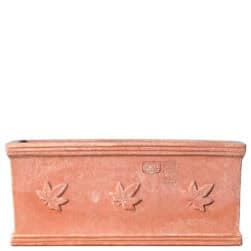 Rectangular terracotta planter box with three ivy leaves in relief on the front.
