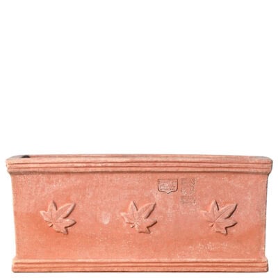Rectangular terracotta planter box with three ivy leaves in relief on the front.