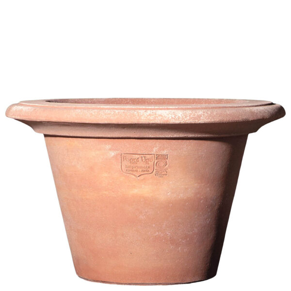 Pot with sloping rim. Truncated conical shape, superb aesthetic harmony. Plant's good breathability. Handmade, resistant to frost.