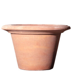 Pot with sloping rim. Truncated conical shape, superb aesthetic harmony. Plant's good breathability. Handmade, resistant to frost.