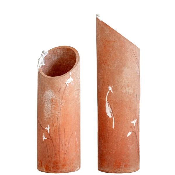 "The Dialogue". Cylindrical vase made of Impruneta clay handmade on plaster cast with applications of white semi-refractory clay