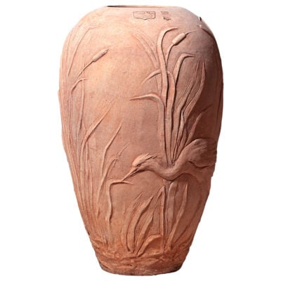 Decorative amphora, decorated in relief with herons. Excellent aesthetic impact and suitable for use without plants. Handmade, frost-resistant.