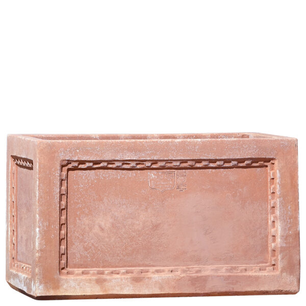 Planter with a dentellated frame in Impruneta terracotta, perfect for gardens, terraces, and indoor spaces. Elegant design with a smooth surface and decorative frame.