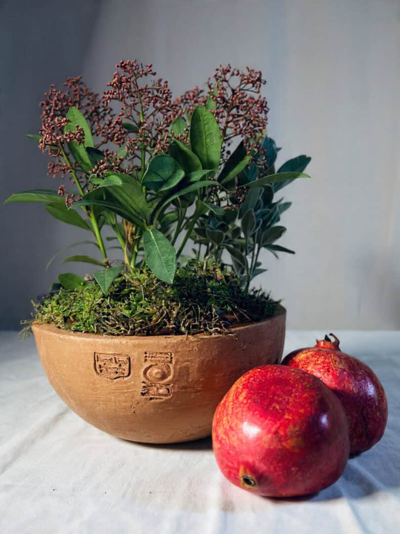 Lente in terracotta con composizione floreale