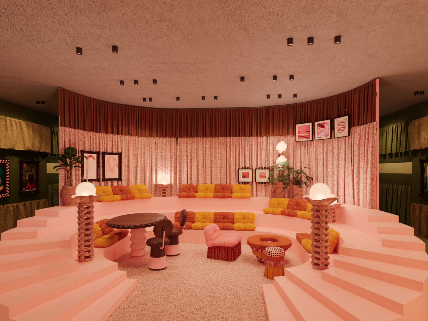 Living di Feel the Shift, installazione di Masquespacio per Maison&Objet 2026, con un grande divano e tre vasi in terracotta della collezione LAND — Ana Stairs, Circle Rings e Penrose Stairs — con piante esotiche.