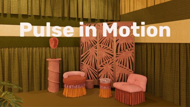 Pulse in Motion, installazione di Masquespacio per Maison&Objet 2026, con elementi in terracotta Poggi Ugo: il separè in pannelli Palm Canvas, la Table Mask color ambra e la colonna Vilungo.