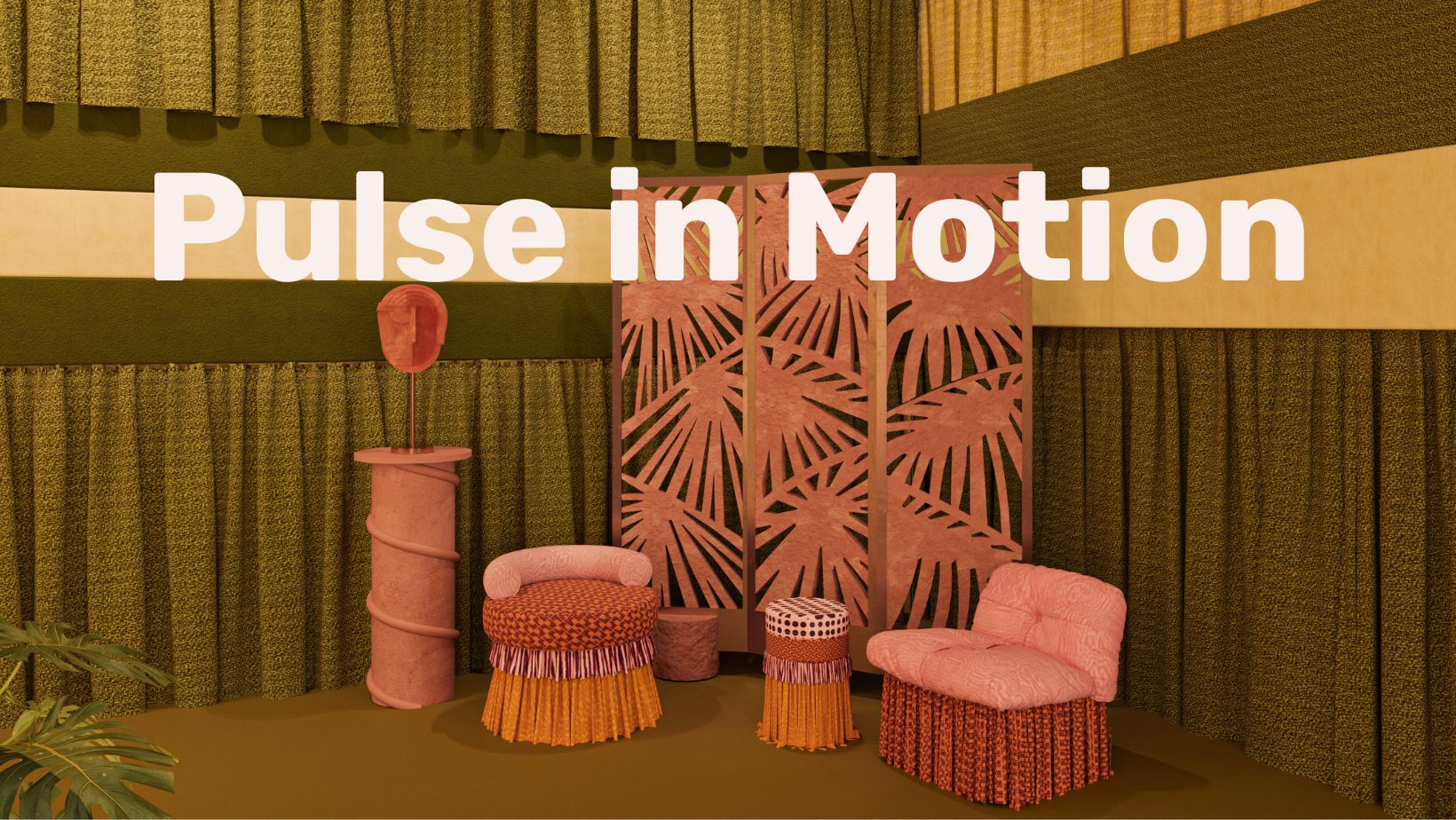 Pulse in Motion, installazione di Masquespacio per Maison&Objet 2026, con elementi in terracotta Poggi Ugo: il separè in pannelli Palm Canvas, la Table Mask color ambra e la colonna Vilungo.